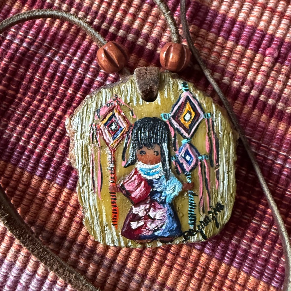 Ted Degrazia pendant southwest hand painted Indian girl necklace resin wood look